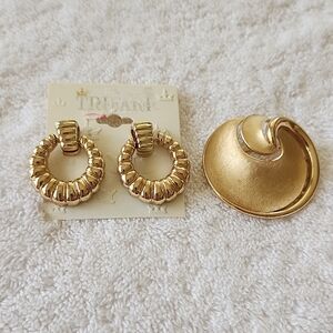 Trifari Gold Color Hoops Pierced Earrings And Trifari Brooch